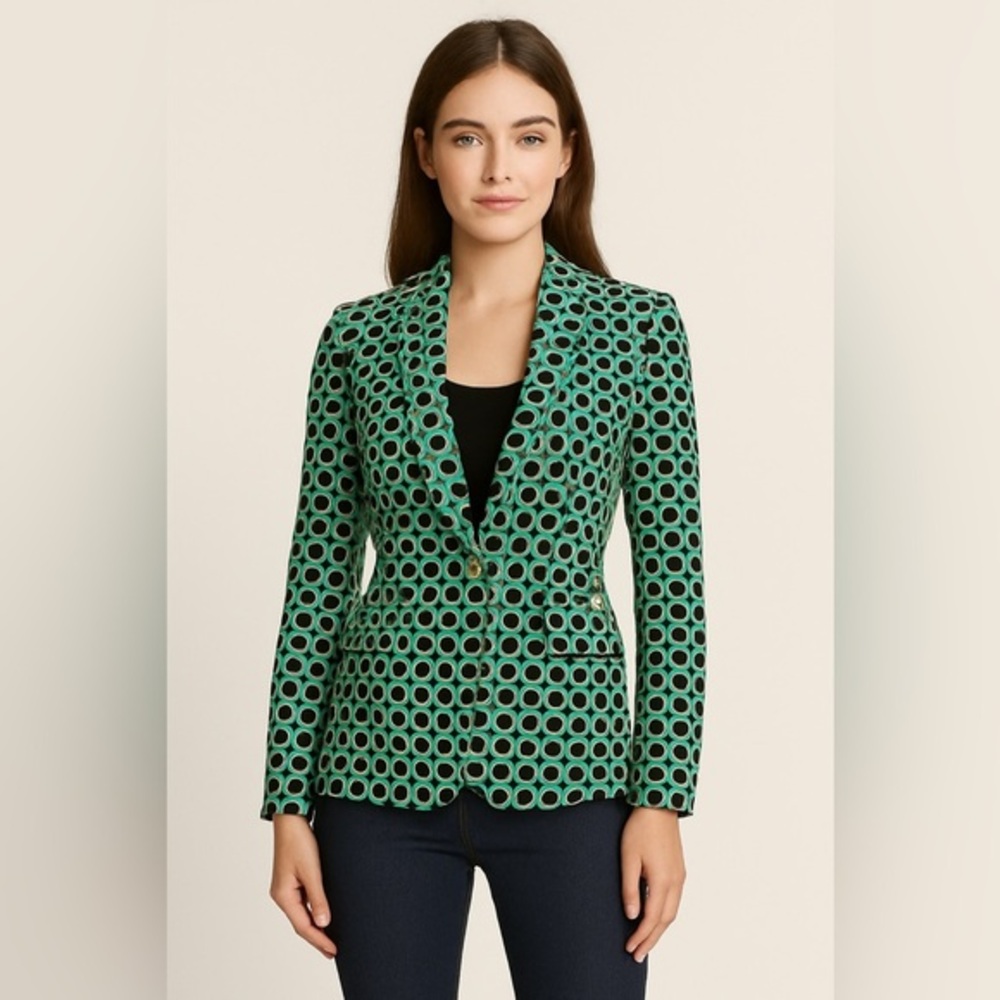 Michael Kors Blazer Jacket MK Green Black White Polka Dot - Picture 1 of 8